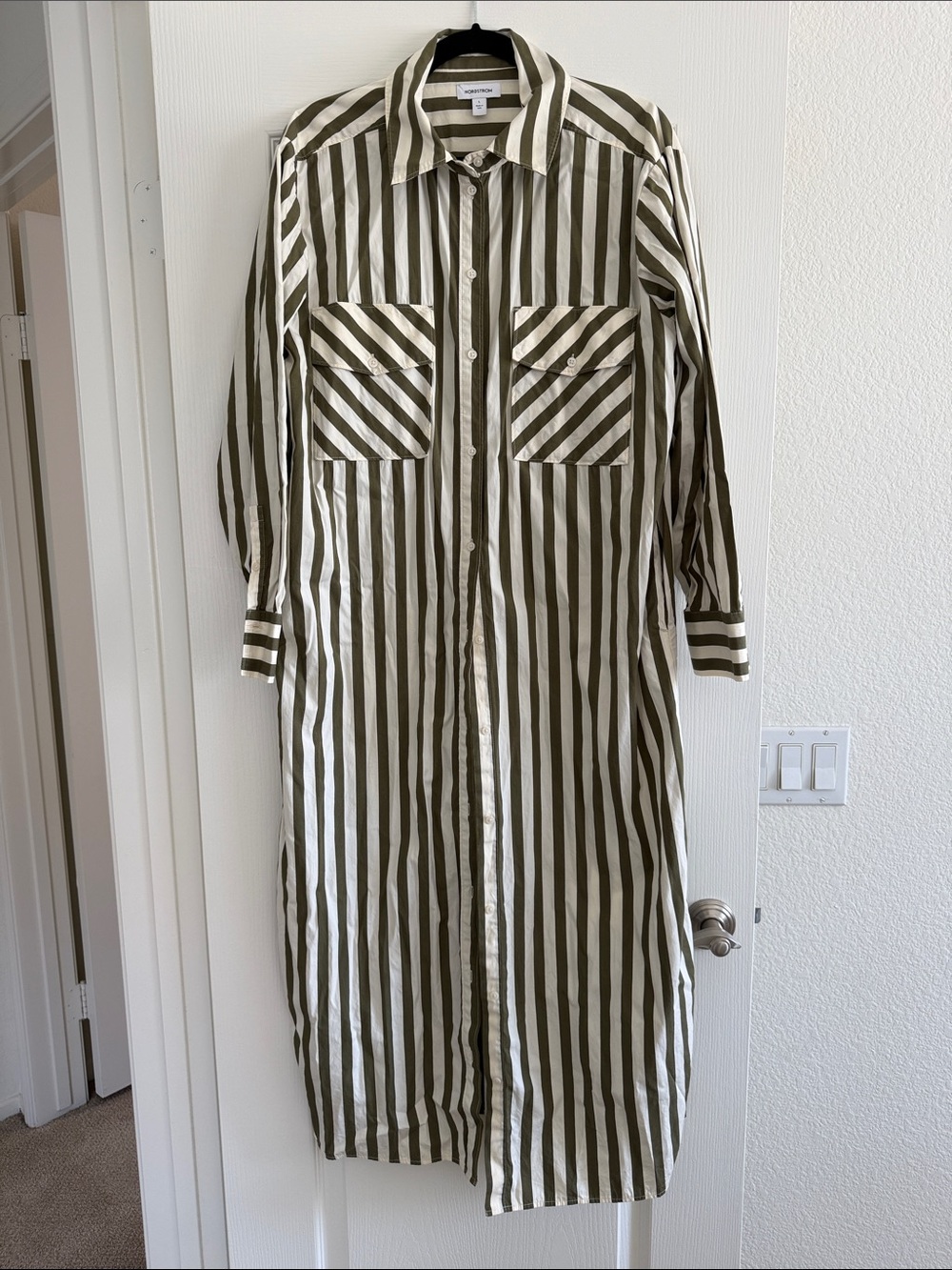 Nordstrom Olive Green and White Striped Long Sleeve Shirt Dress